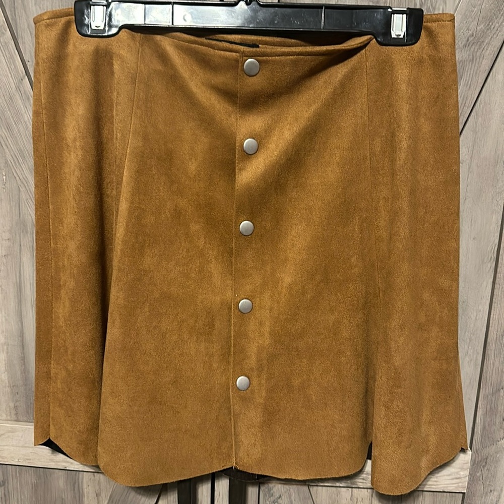 Camel suede button down skirt